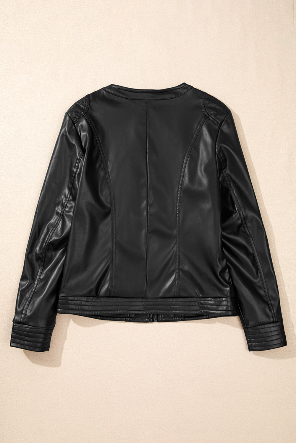 Sleek black faux leather bomber jacket with trendy zipper details