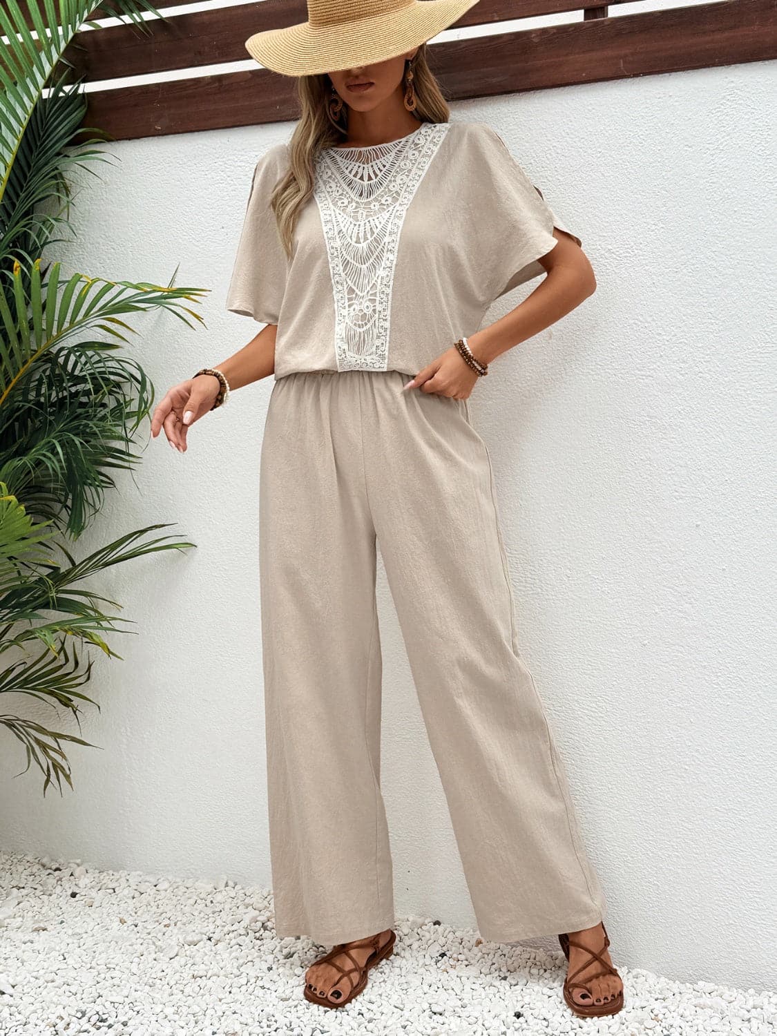 Lace Detail Round Neck Top and Pants Set.