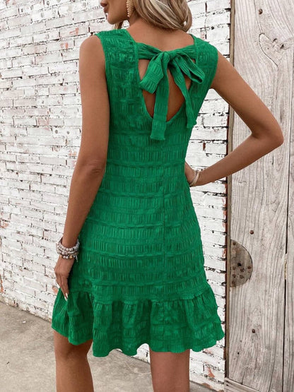 Textured Tied Round Neck Sleeveless Dress.