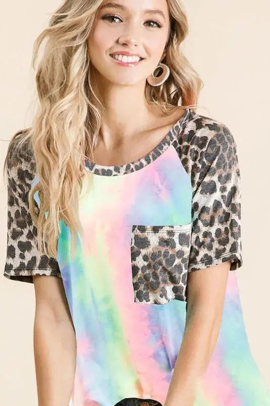 BiBi Tie Dye Knit Top with Leopard Raglan Sleeves - Love Salve 