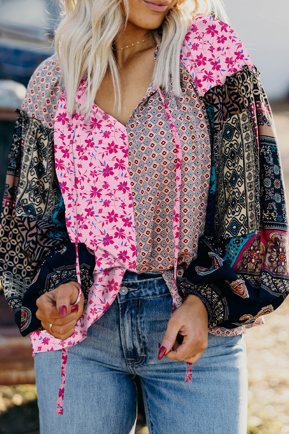 Premium Pink Boho Mixed Floral Drop Shoulder Bubble Sleeve Blouse