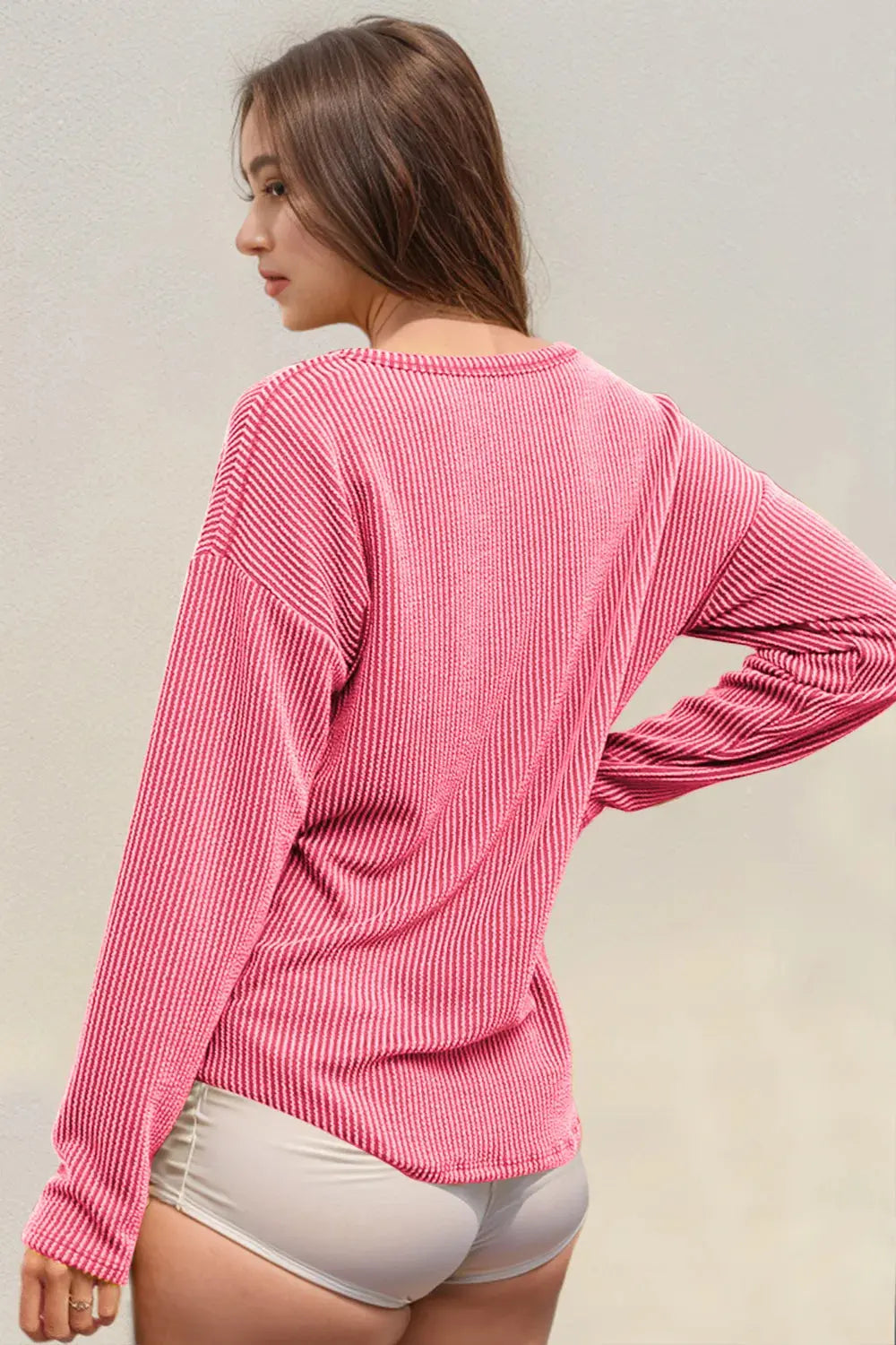 Double Take Striped Notched Long Sleeve T-Shirt - Love Salve