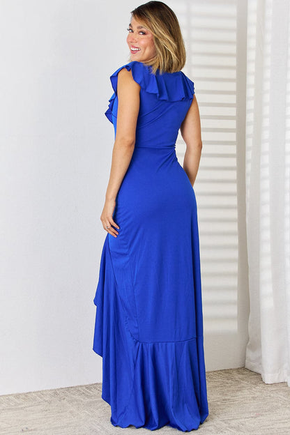 Ruffled V-Neck High-Low Dress.