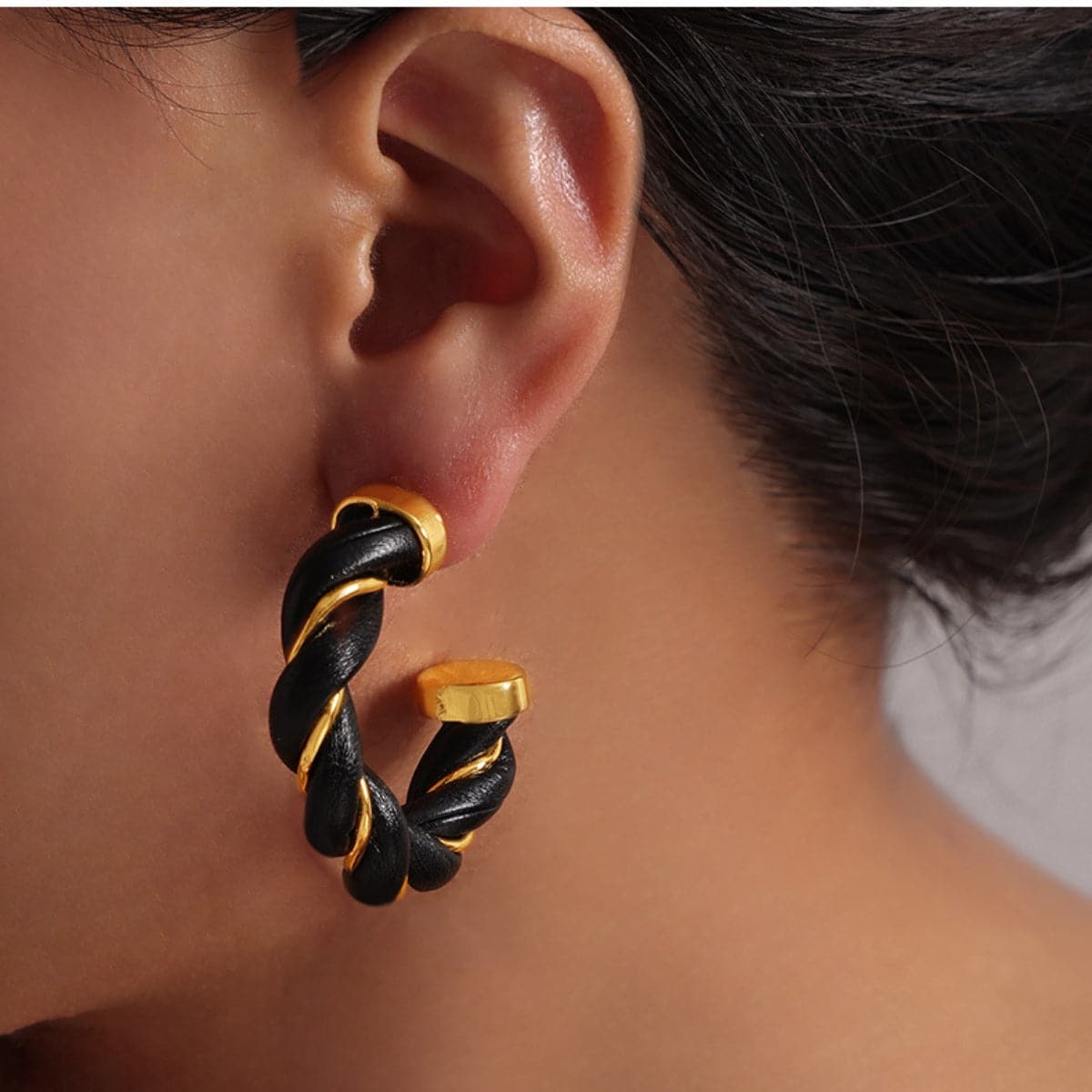 Twisted Leather Rope C-Hoop Earrings.