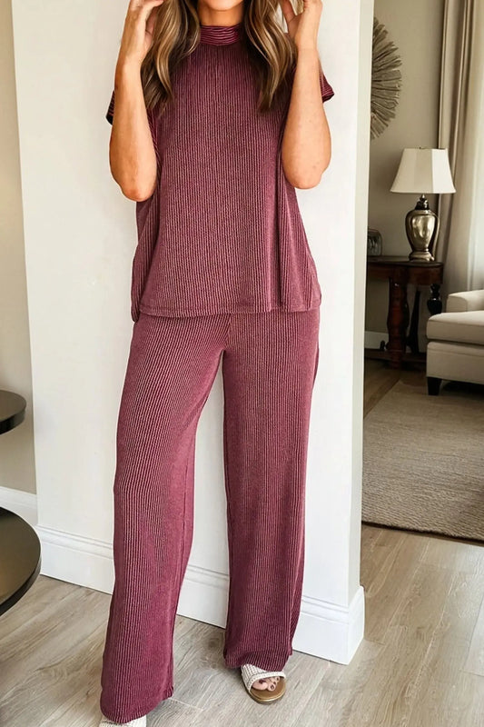 Burgundy Twisted Ribbed High Neck Loose Tee Elastic High Waist Loose Pant Set Dear-Lover Dropshipping