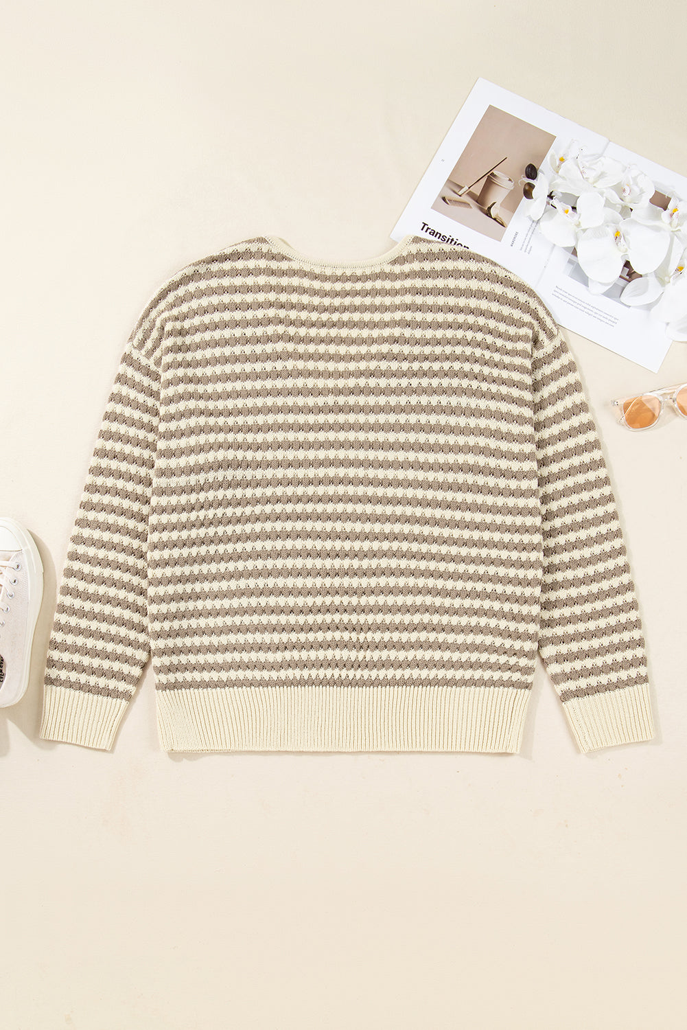 Dear-Lover Khaki Stripe Plus Size Women's V-Neck Sweater Casual Fall Knit Dear-Lover Dropshipping