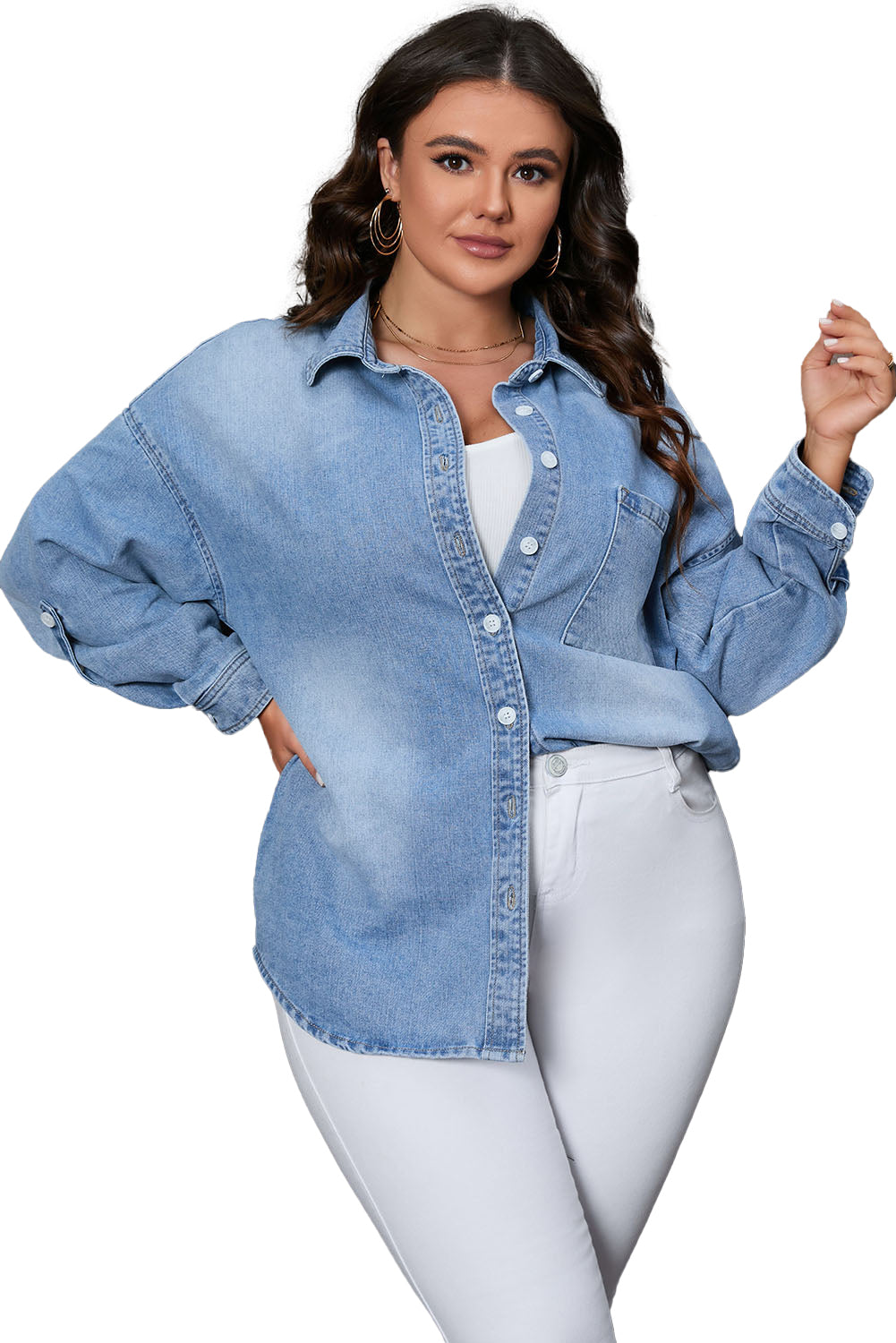 Sky Blue Plus Size Denim Shacket with Chest Pocket