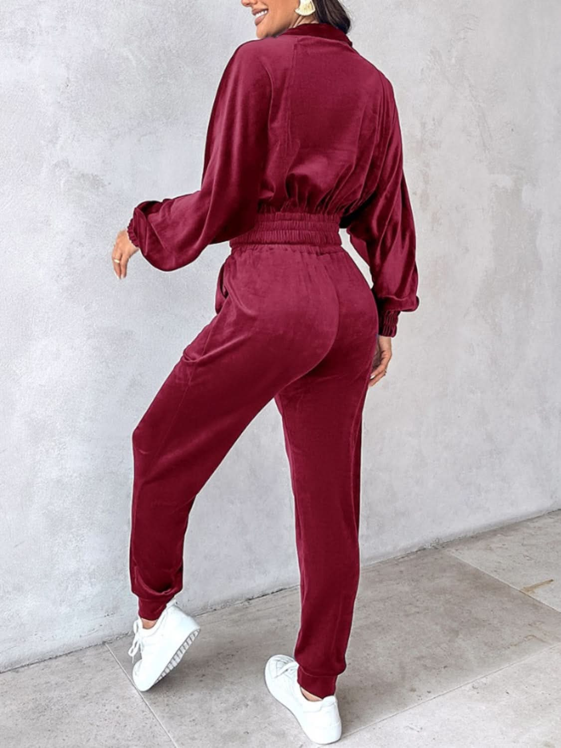 Cropped Zip-Up Long Sleeve Top and Jogger Set with Pockets