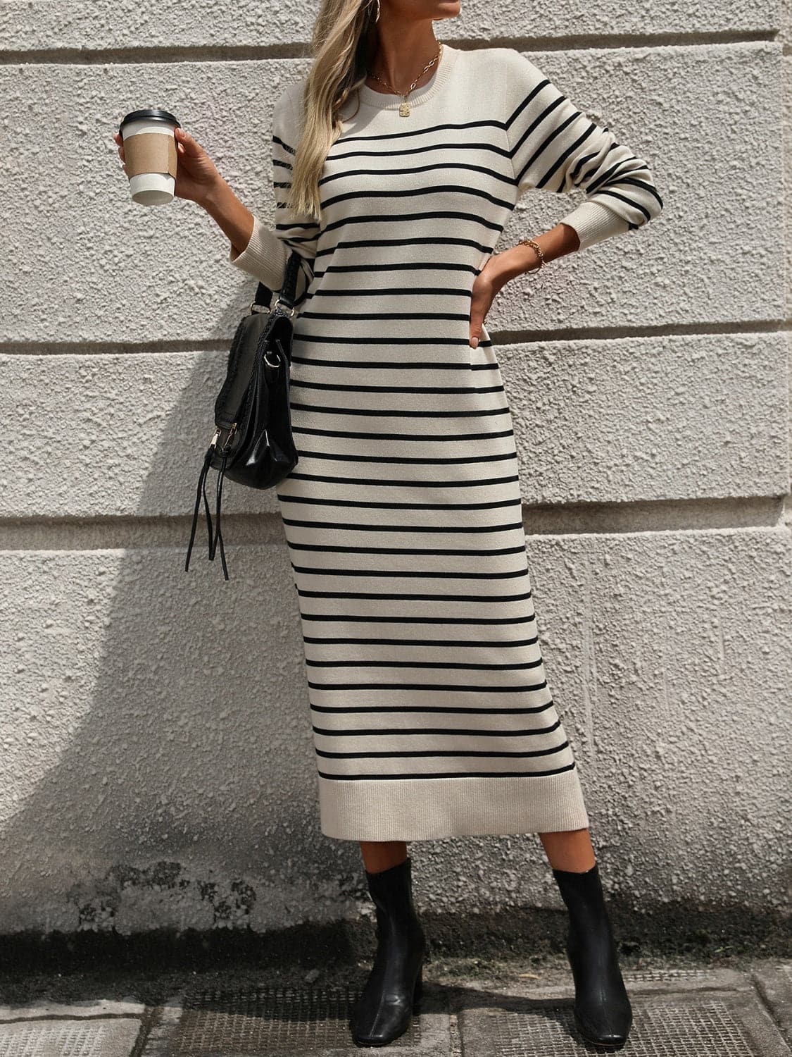 Striped Round Neck Long Sleeve Dress.