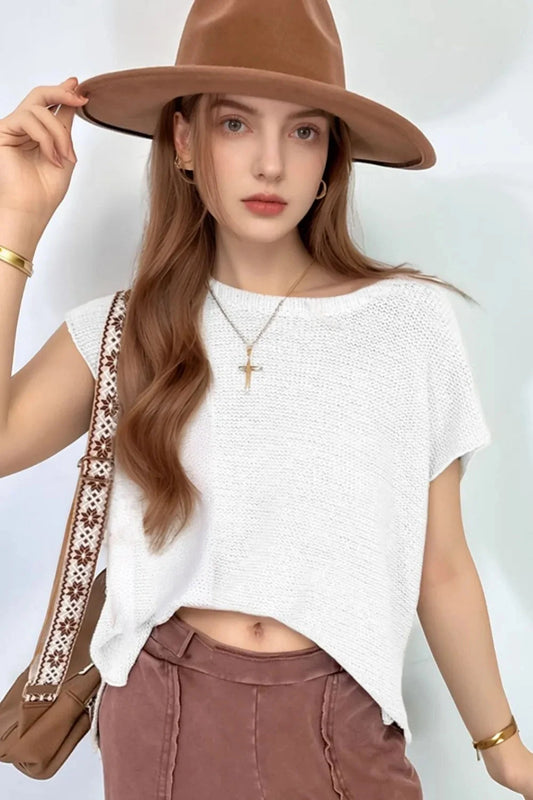 Side Slit Round Neck Knit Top Simply Love