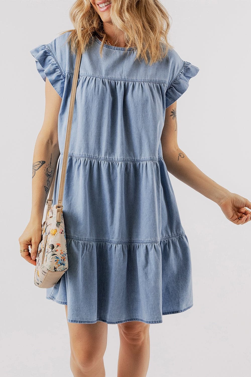 Ruffled Round Neck Cap Sleeve Denim Dress.