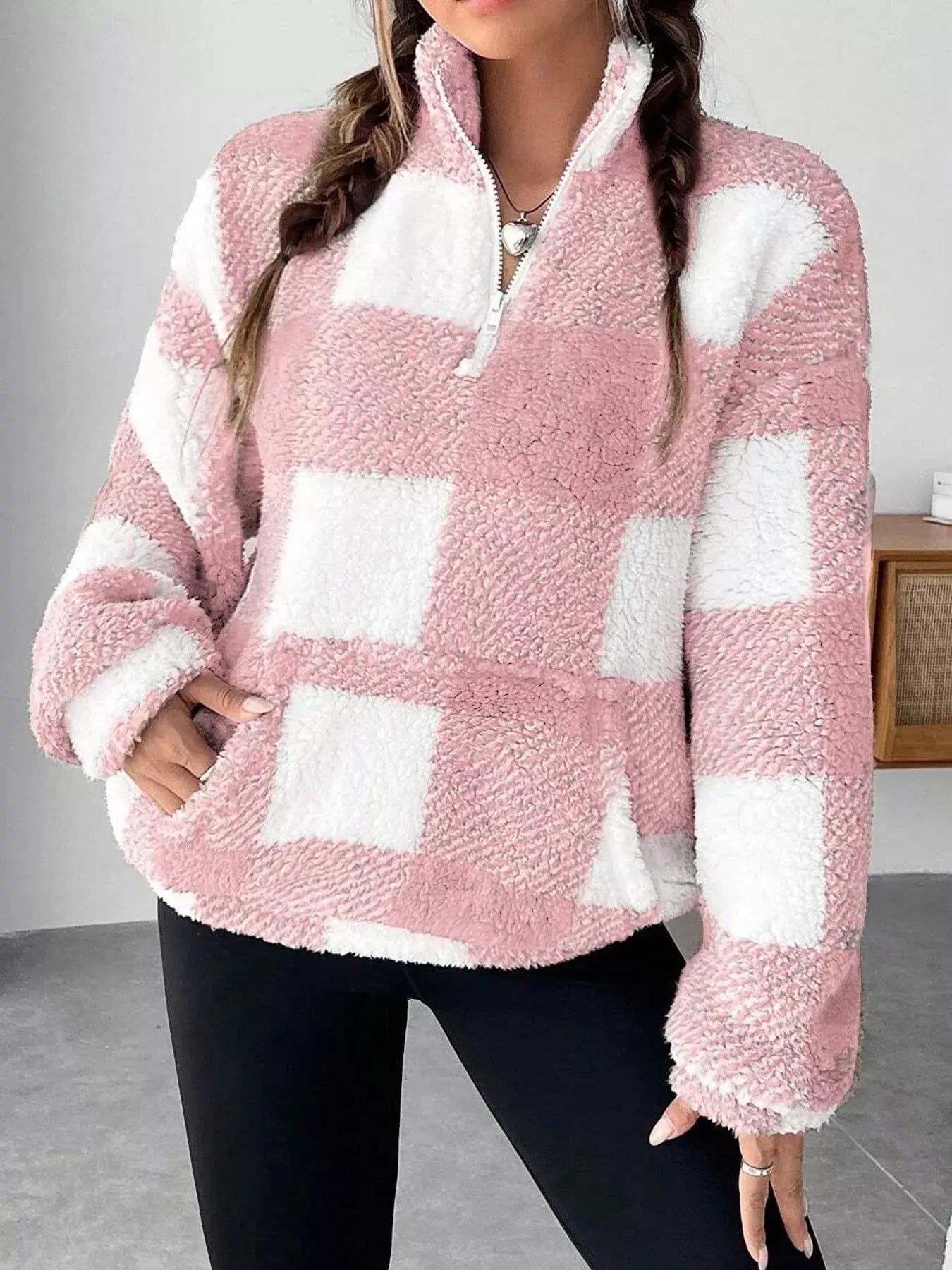 Full Size Plaid Sherpa Long Sleeve Sweatshirt Plus Size Simply Love
