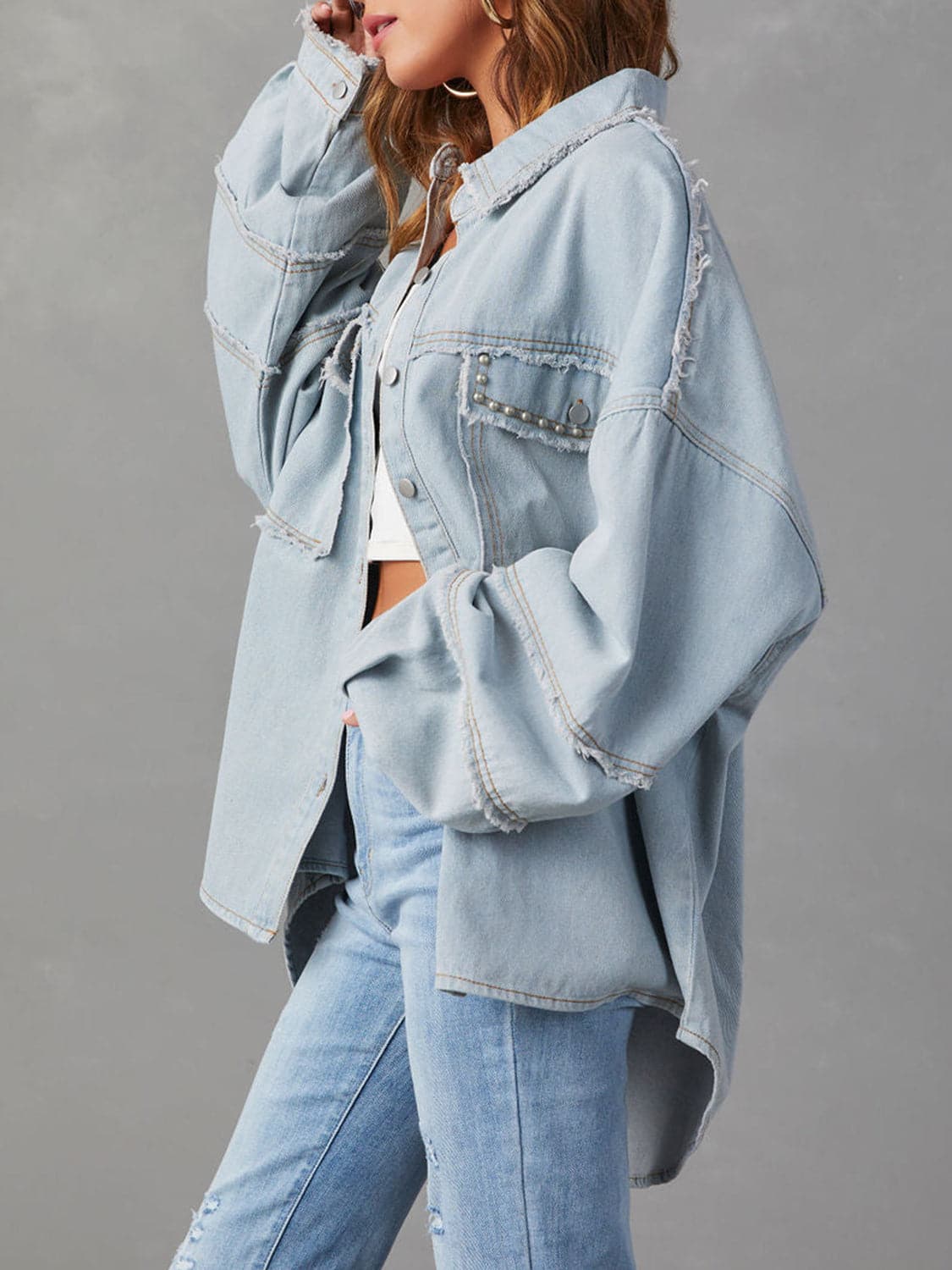 Button Down Raw Hem Denim Jacket.