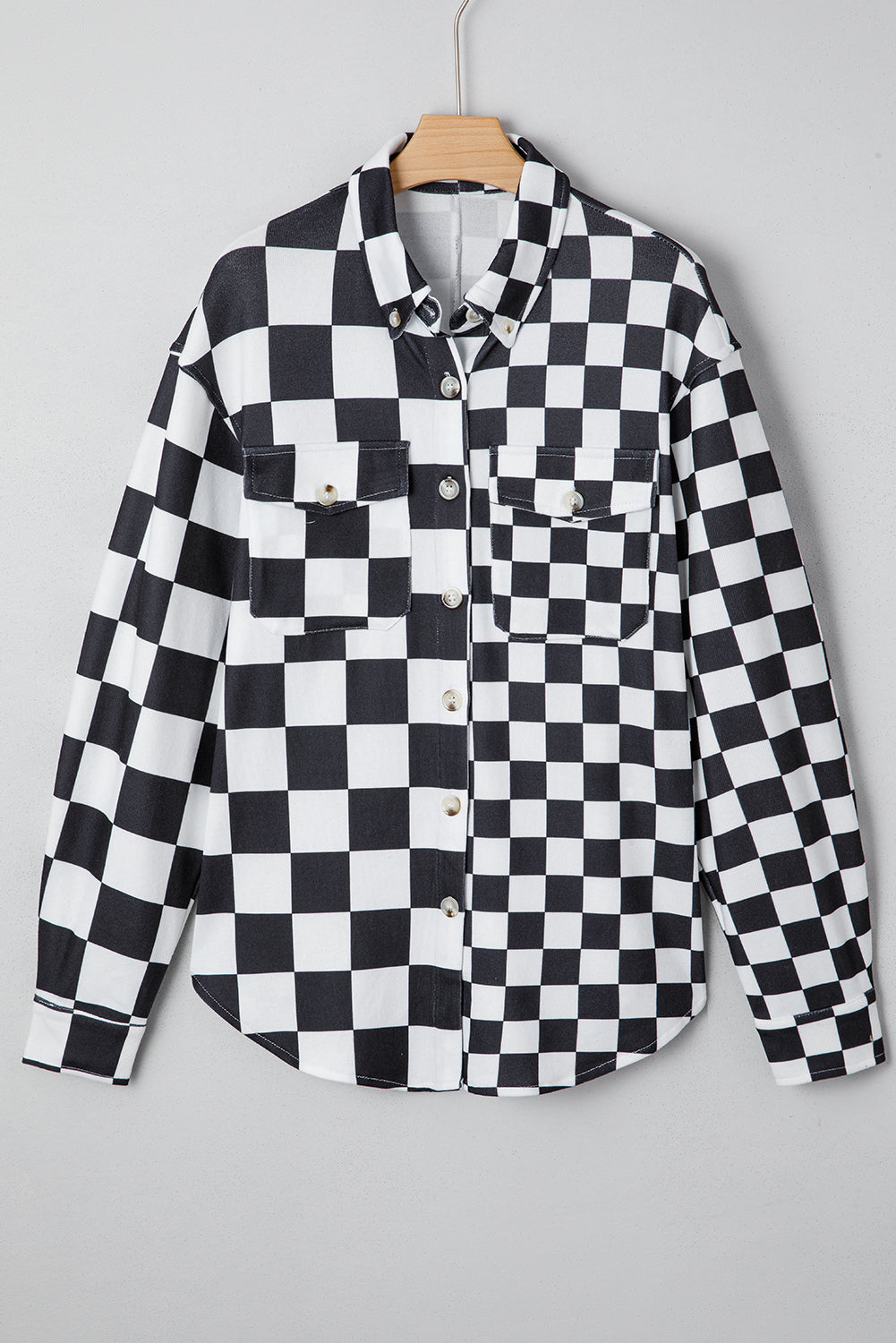 Black Checkerboard Flap Pocket Button Front Shacket For Casual Wear Lightweight Street Style Outerwear Dear-Lover Dropshipping