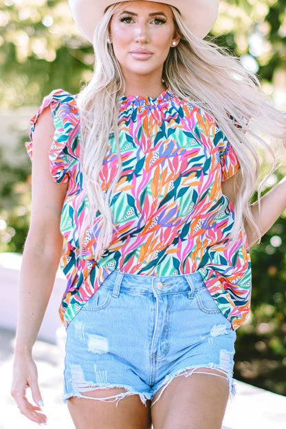 Charming rose red floral ruffle sleeve blouse with mock neck