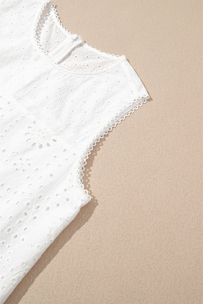 White Floral Eyelet Embroidered Sleeveless Shift Dress for Summer