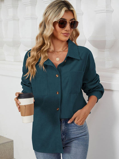 Chic Buttoned Long Sleeve Jacket with Dropped Shoulders