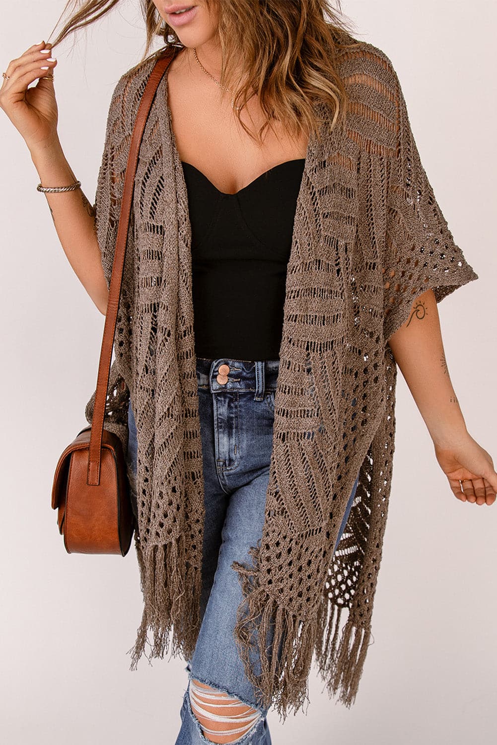 Fringe Hem Slit Open Front Cardigan.