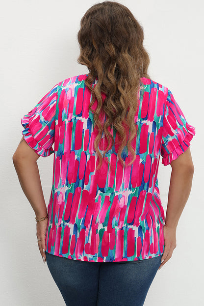 Floral plus size ruffled sleeve blouse with abstract design