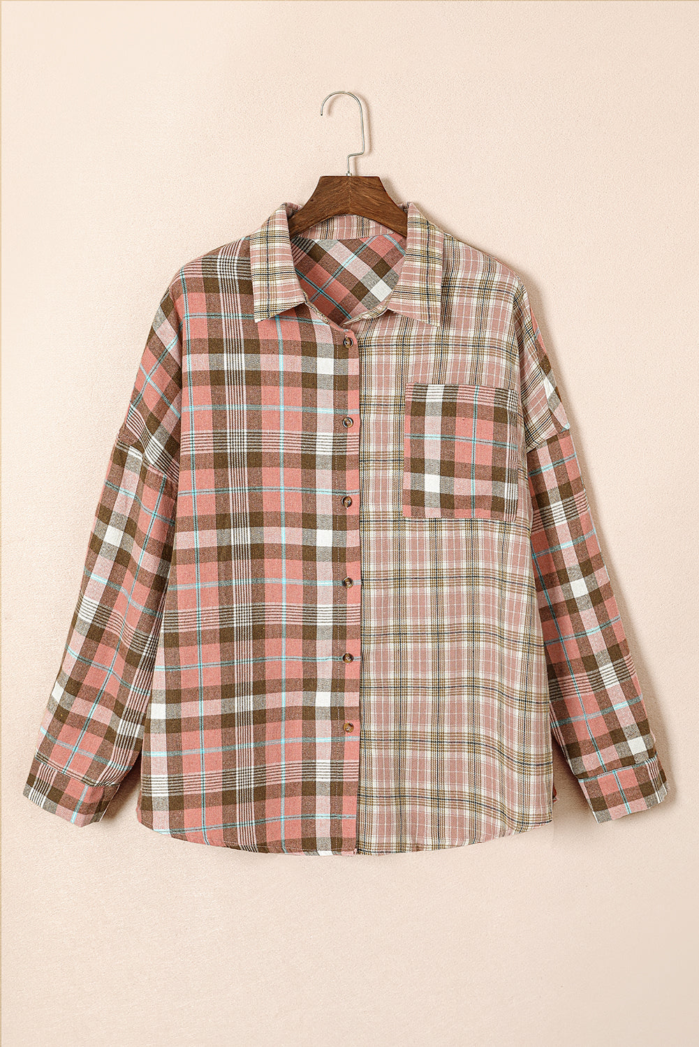 Chic pink plus size plaid long sleeve shirt with pocket detail