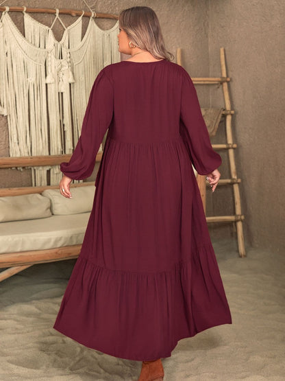 Plus Size Ruffled V-Neck Long Sleeve Dress.