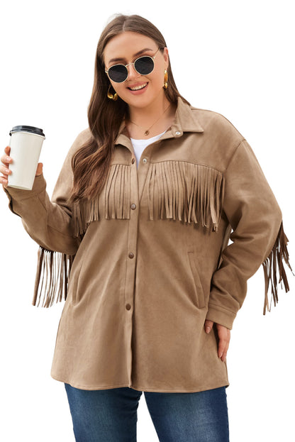 Chic khaki fringe plus size suede shacket for a stylish wardrobe update