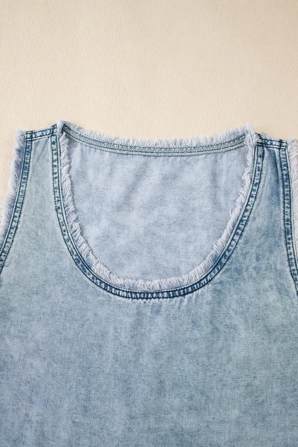 Mineral Wash Denim Frayed U Neck Sleeveless Top