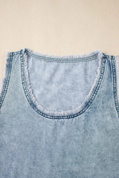 Mineral Wash Denim Frayed U Neck Sleeveless Top