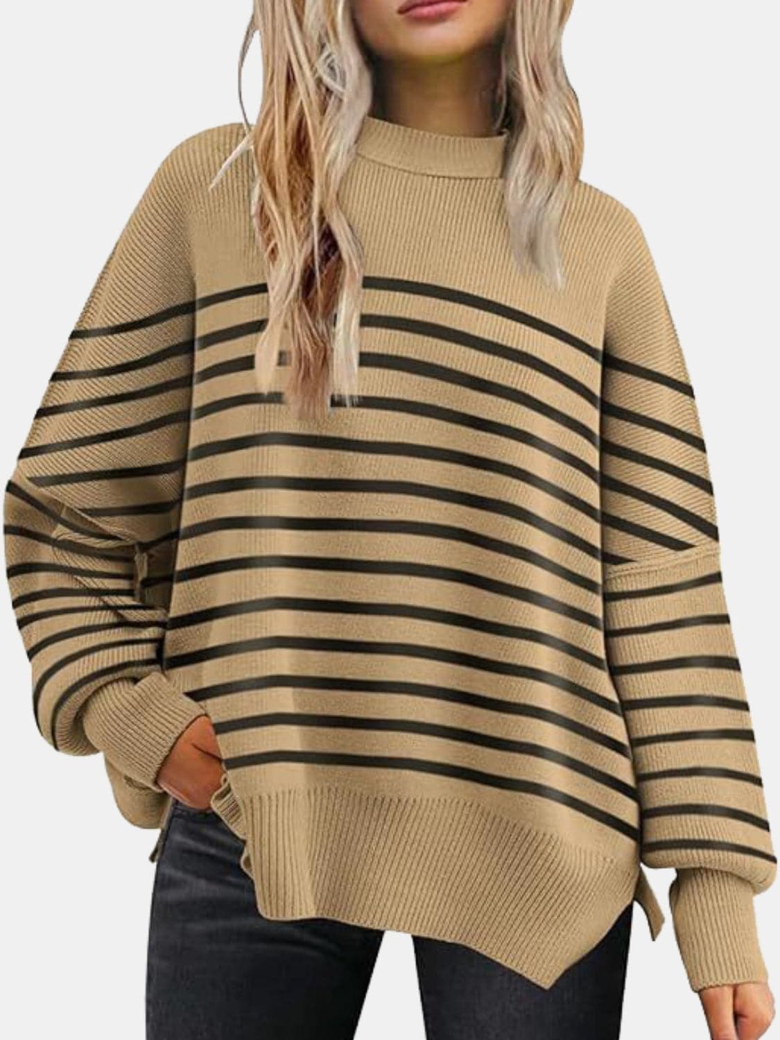 Round Neck Drop Shoulder Slit Sweater.