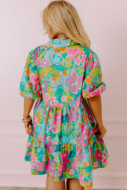 Floral green puff sleeve tiered shirt dress for a chic look