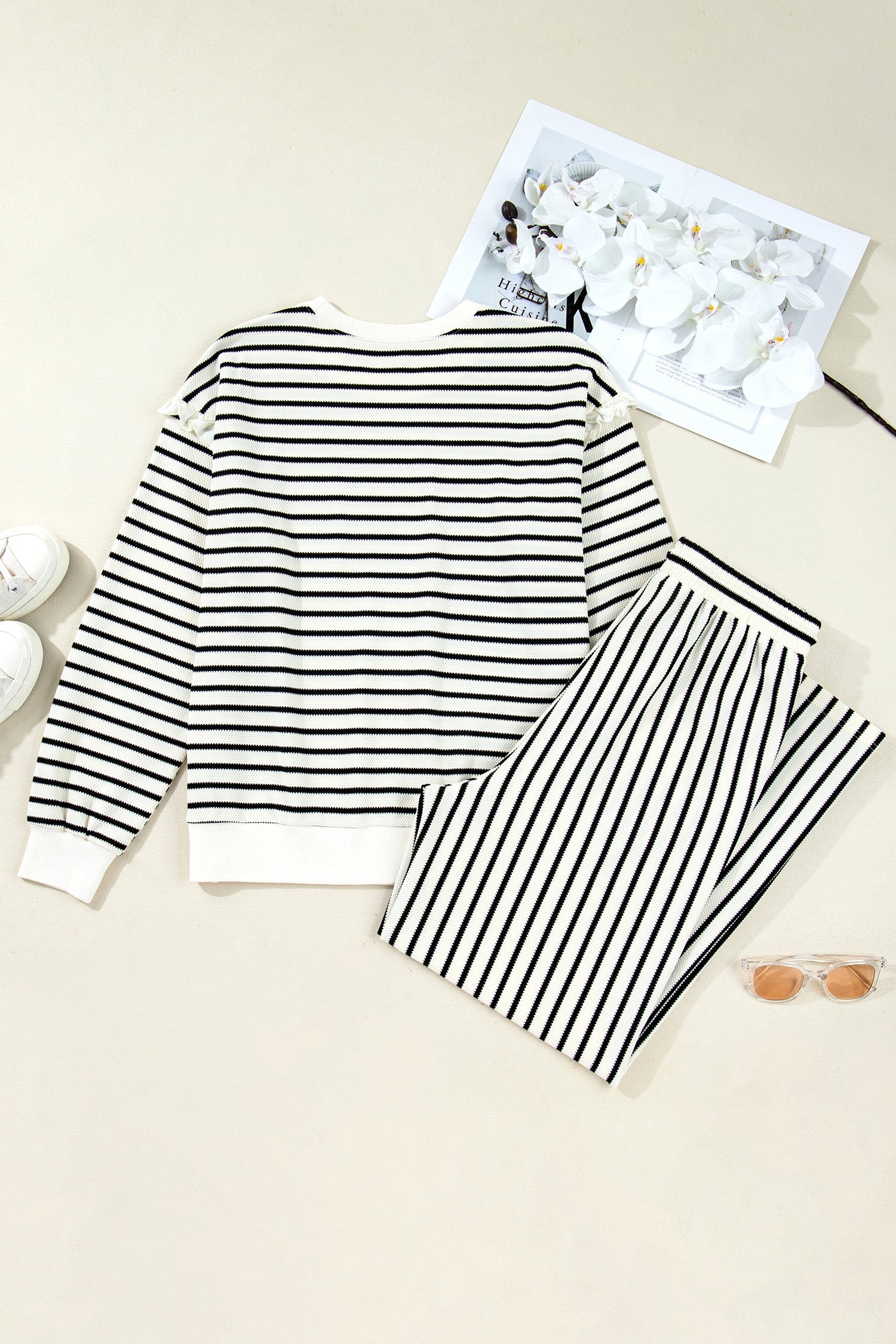 White Stripe Ruffle Trim Drop Shoulder Top And Drawstring Relaxed Pant Set Dear-Lover Dropshipping