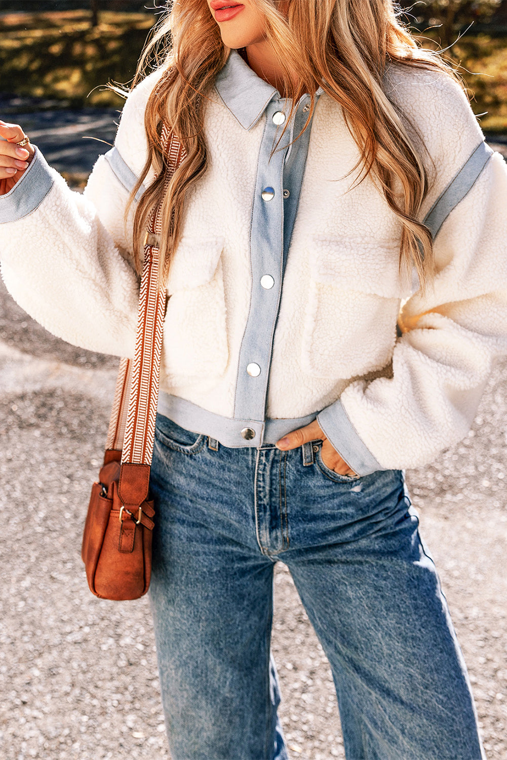 Chic white sherpa jacket with contrast trim