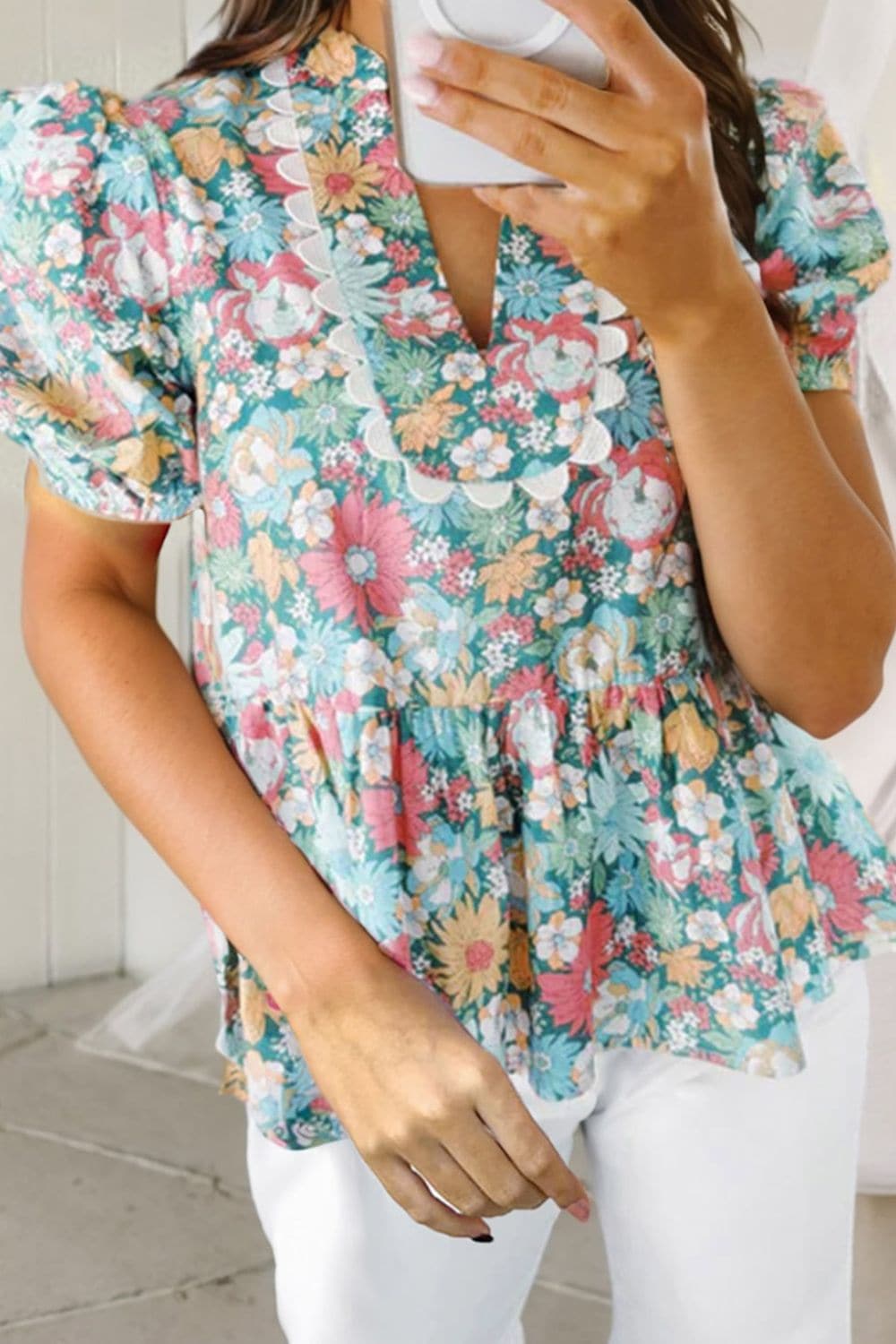 Printed Notched Short Sleeve Blouse.