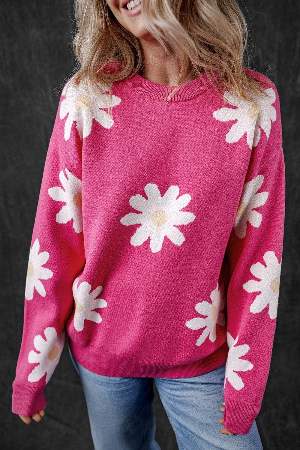 Daisy Round Neck Dropped Shoulder Sweater.