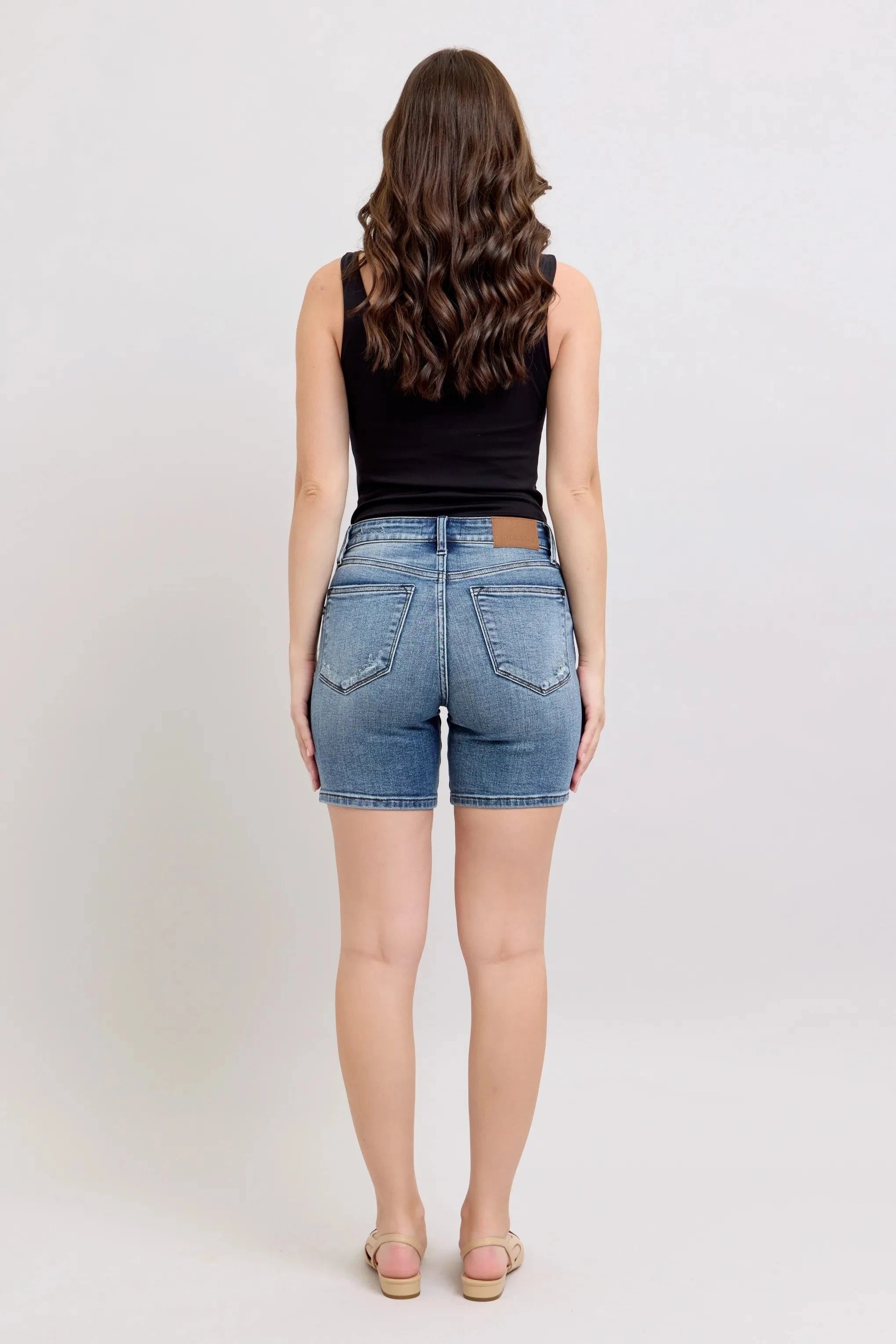 Judy Blue Button Fly Mid Length Denim Shorts W/ Destroy Coco’s Tee Boutique