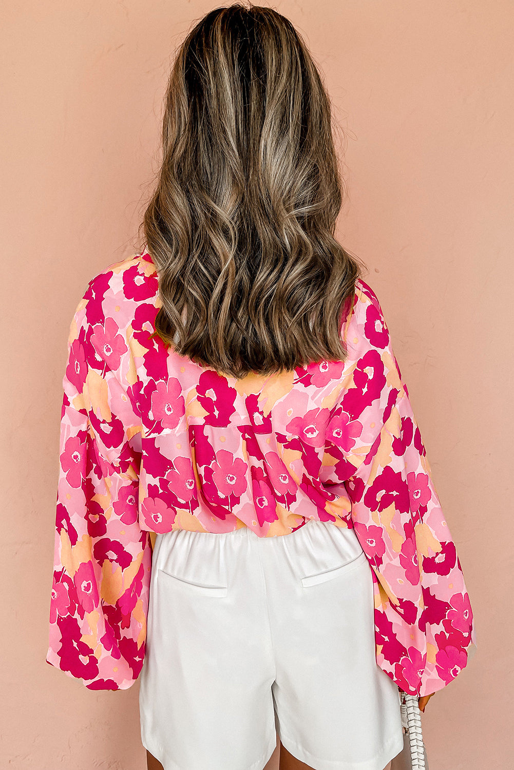 Chic pink floral puff sleeve shirt