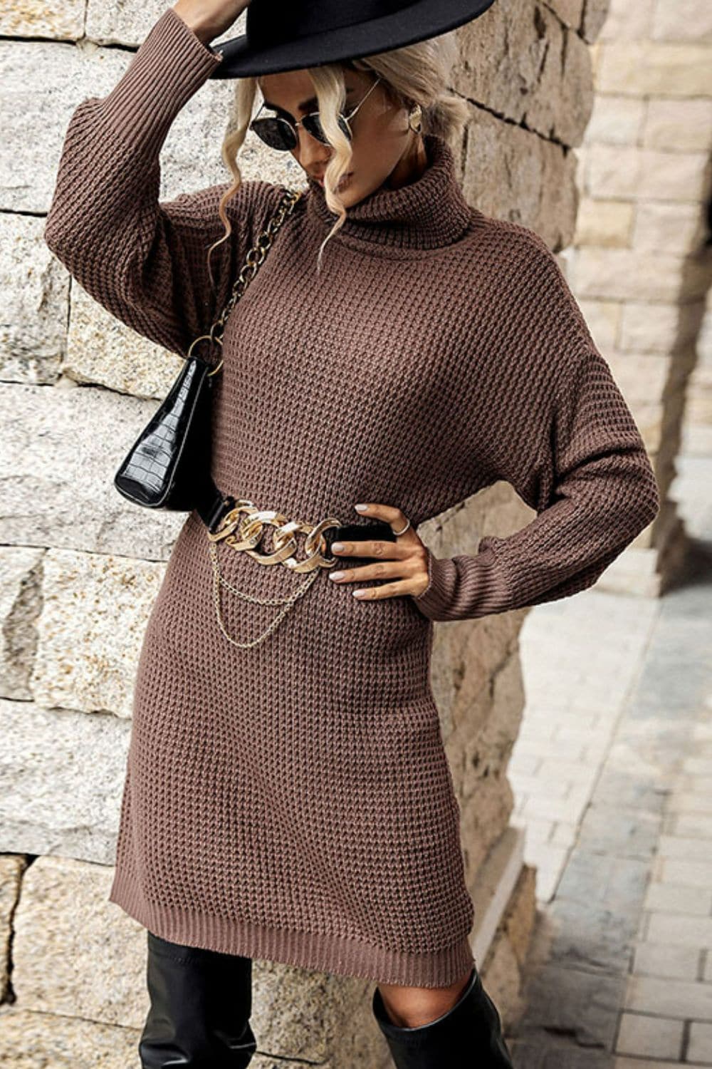 Turtleneck Dropped Shoulder Mini Sweater Dress.