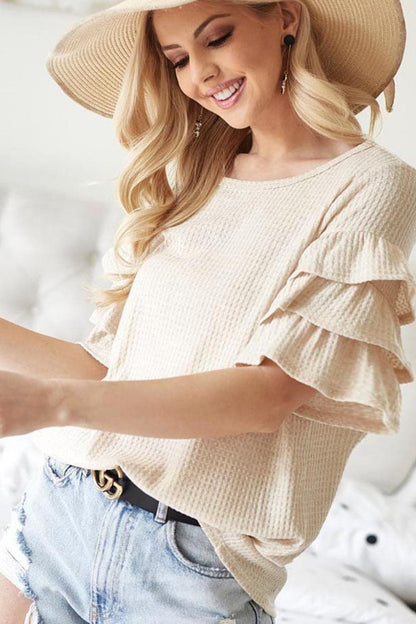 Chic ruffled sleeve waffle knit top