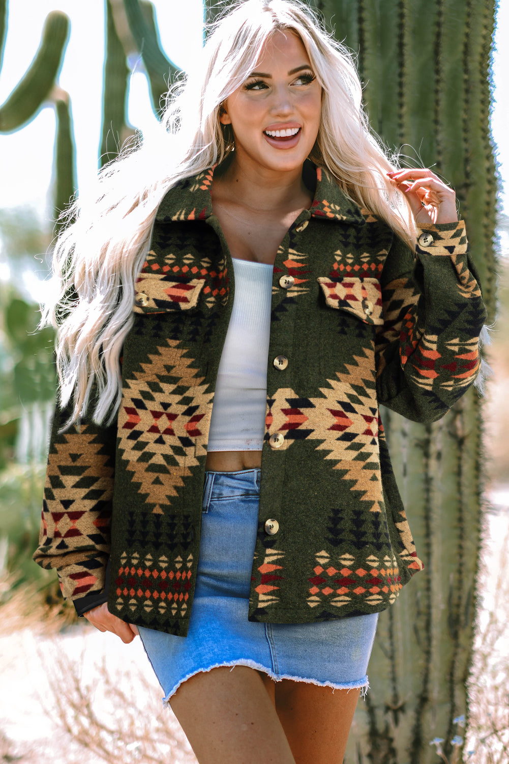 Trendy green aztec shacket with pockets