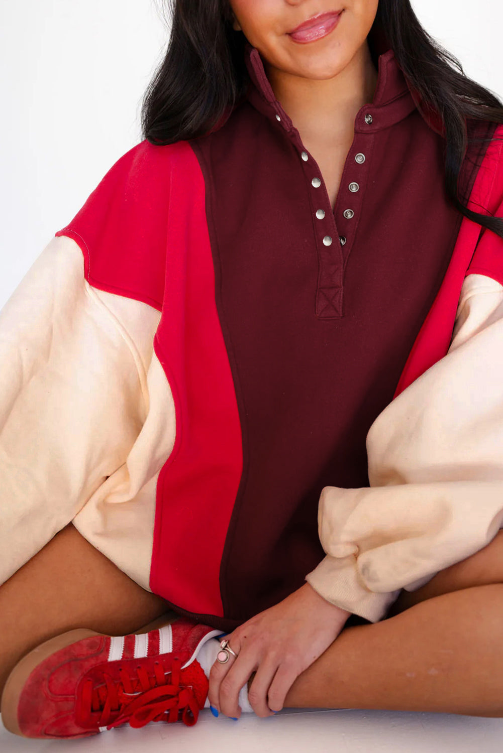 Unisex Fiery Red Color Block Patchwork Snap Button Oversize Hoodie Dear-Lover Dropshipping
