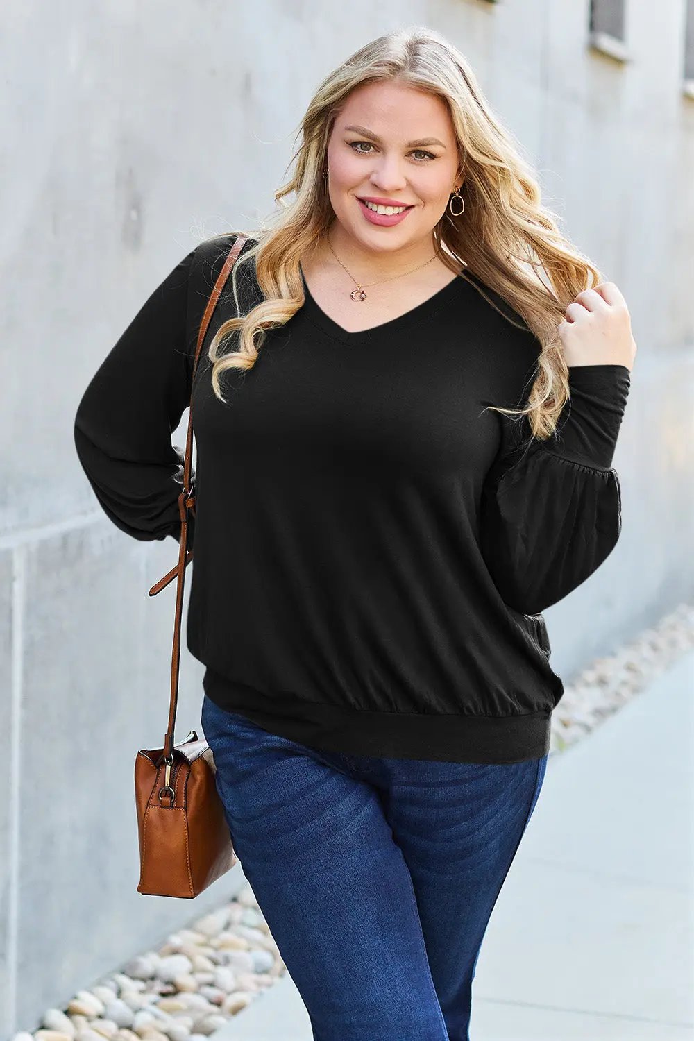 Basic Bae Full Size V-Neck Lantern Sleeve Top - Love Salve