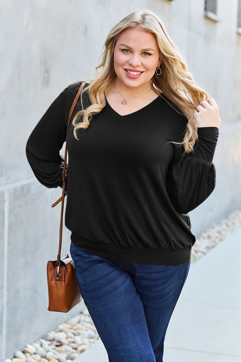 Basic Bae Full Size V-Neck Lantern Sleeve Top.