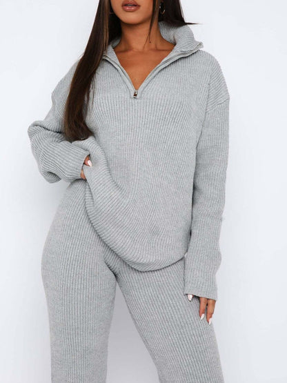 Cozy quarter zip ribbed lounge set with long sleeves and matching pants