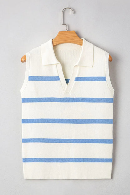 Stripe Split V Neck Collared Ribbed Sweater Vest