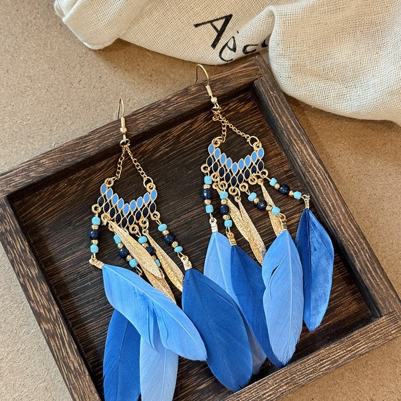 Feather and rice bead alloy earrings