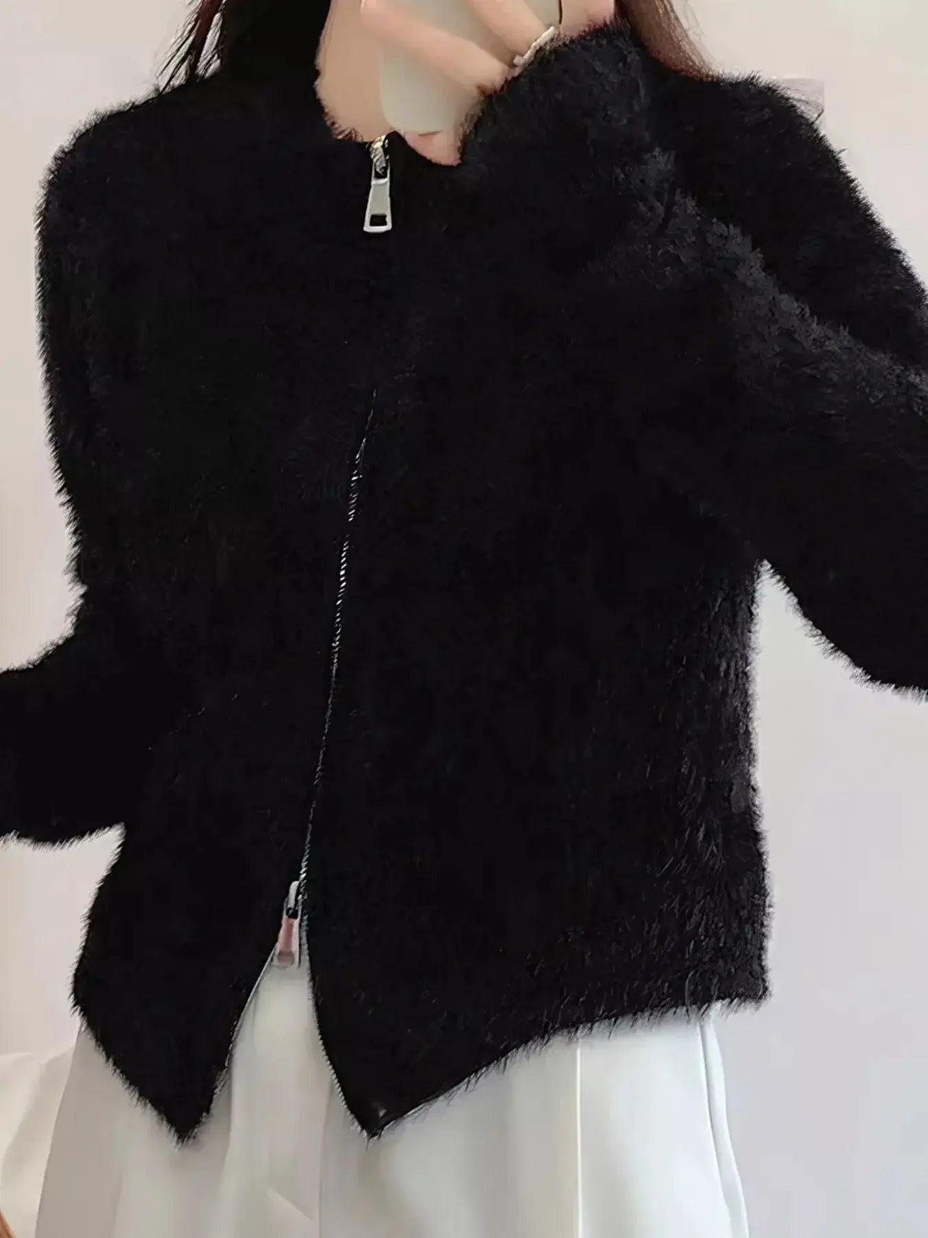 Fluffy Knit Zip-Up Outerwear Simply Love