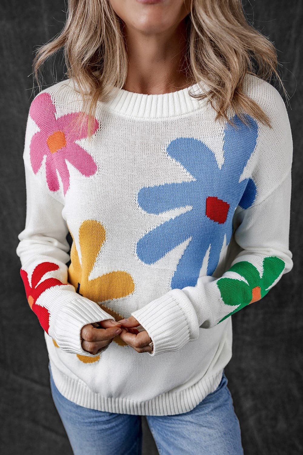 Flower Round Neck Dropped Shoulder Sweater.