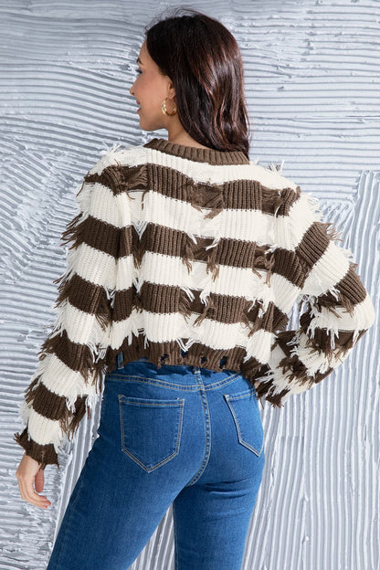 Striped Fringe Round Neck Sweater.