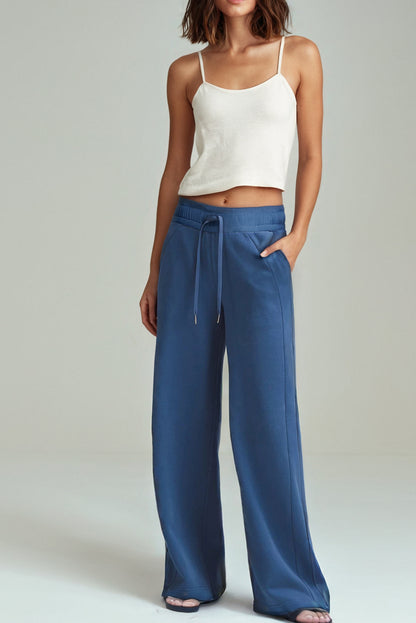 Sail blue high-waist wide-leg sweatpants with pockets and drawstring