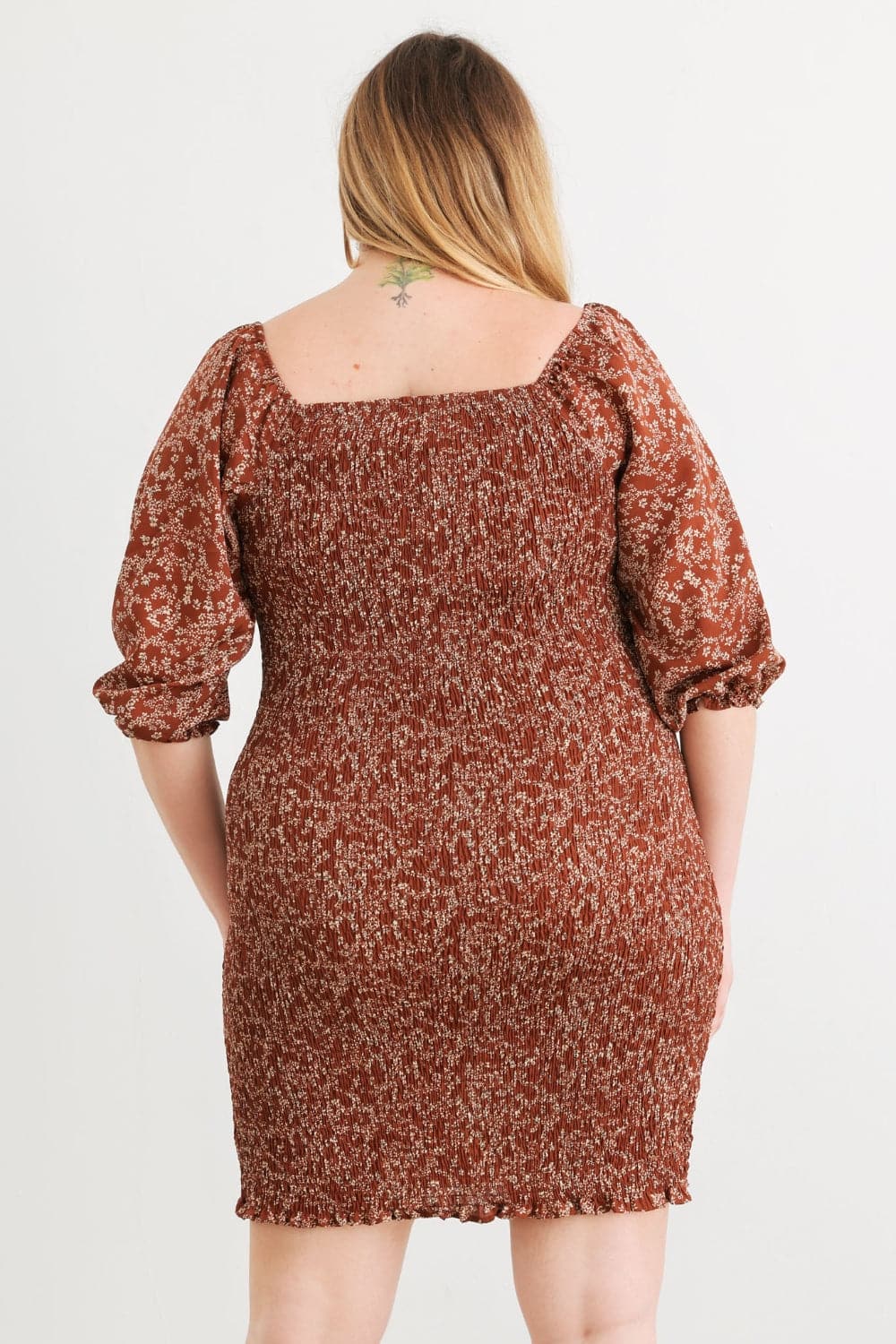 Zenobia Plus Size Smocked Printed Square Neck Mini Dress.